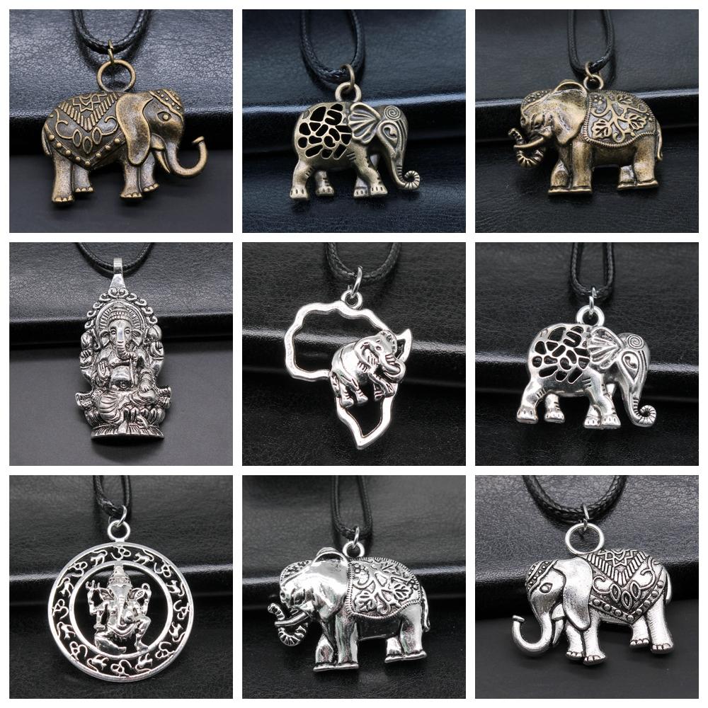 12 Styles Unisex African Elephant Thai Elephant India Ganesha Pendant Necklace Black Leather Cord Necklace