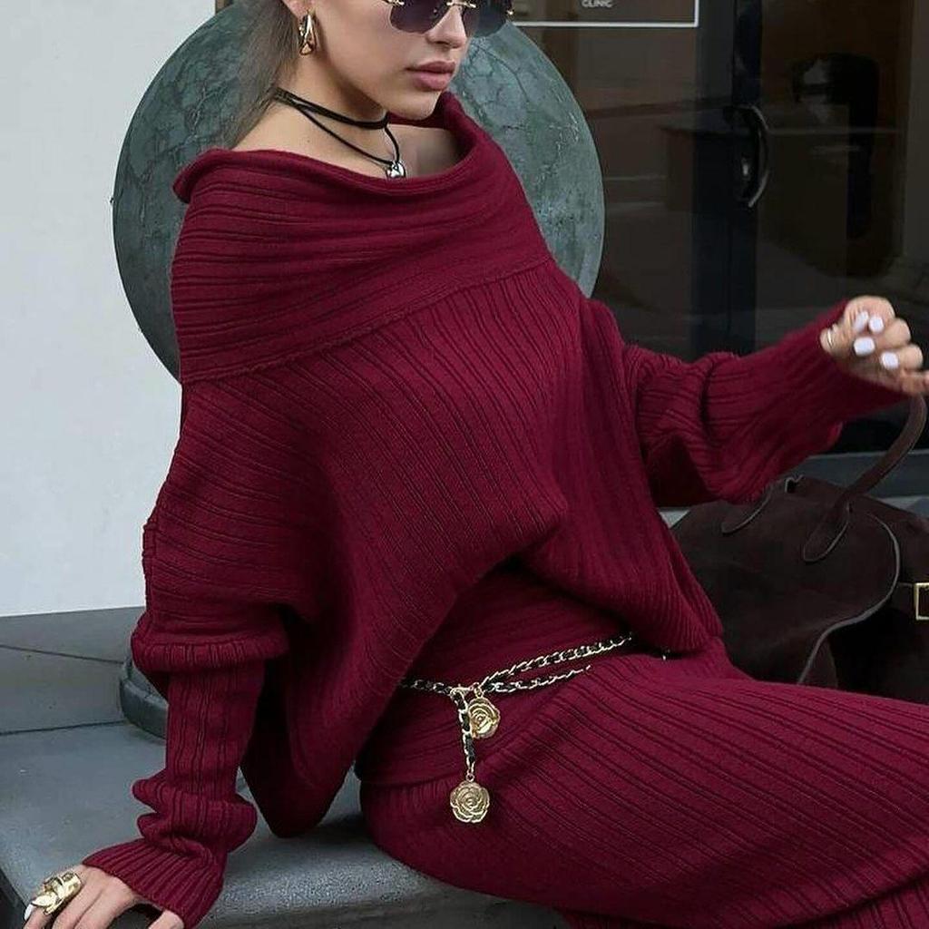 2024 European & American Style Off-the-Shoulder Knitted Sweater Two-Piece Set with Long Sleeves