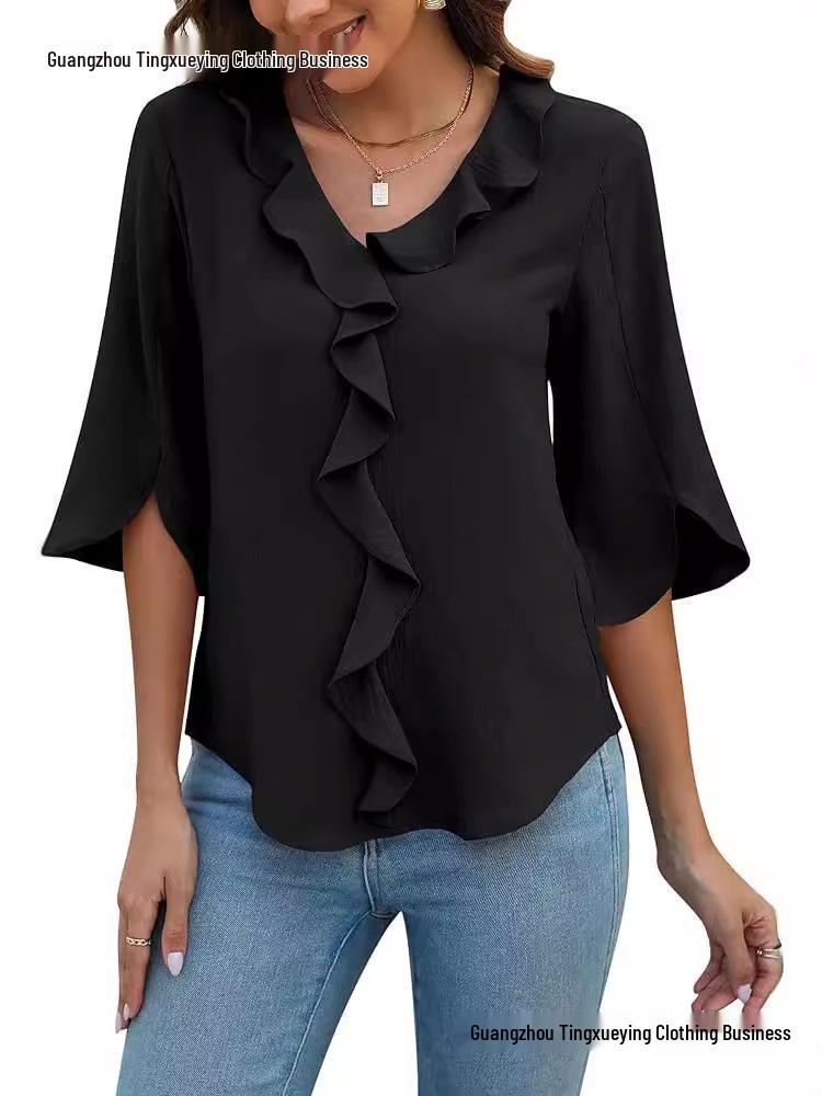 European & American Women's Artistic V-neck Ruffle Casual Shirt