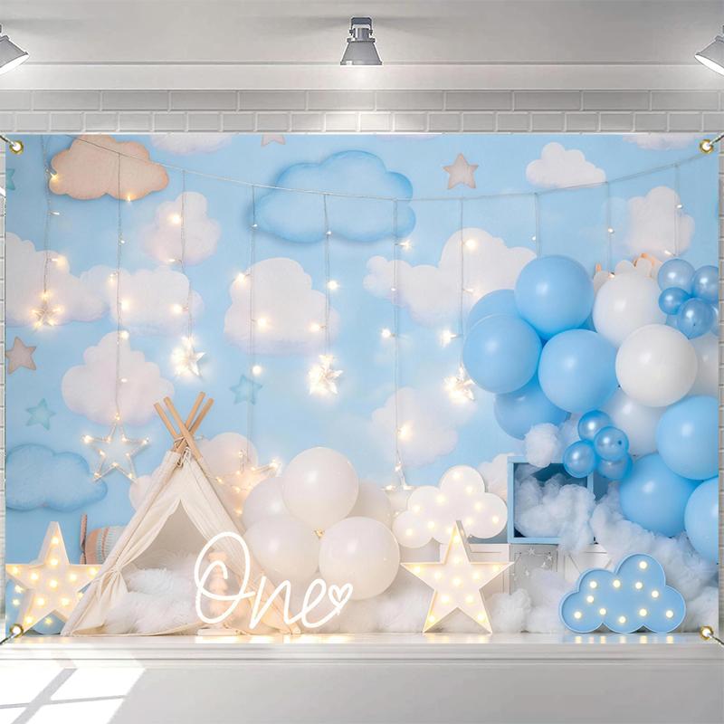 LS Photography Background Blue Sky Clouds Tent Balloons Glitter Decor Kids Birthday Baby Shower Cake Smash Photo Backdrop Studio