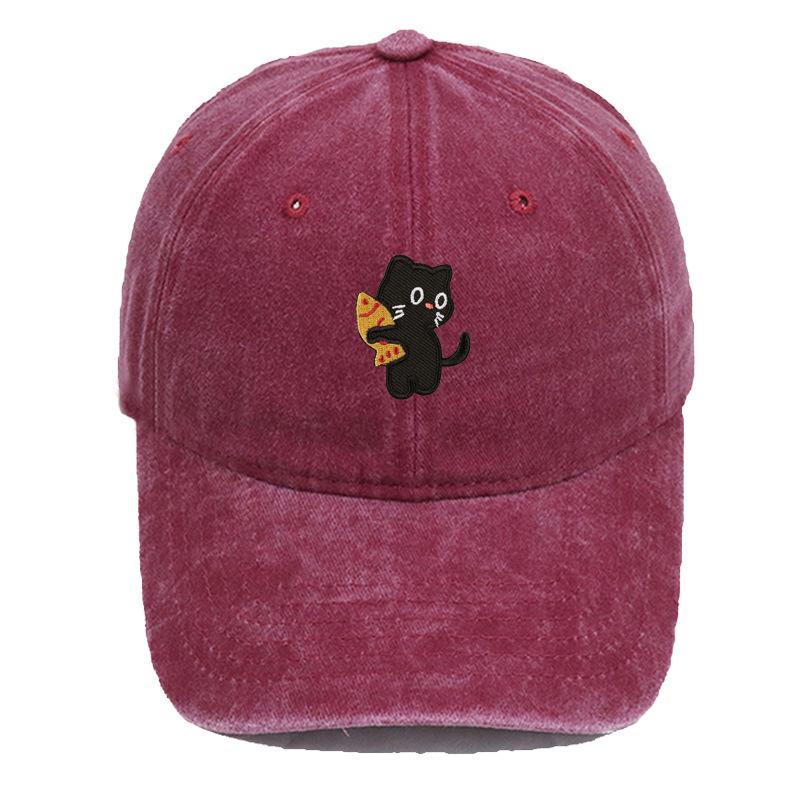 Vintage Washed Black Cat Holding Pizza Embroidery Baseball Cap Unisex Adjustable Brim Dad Hat Pet Lover Casual Outdoor Sun Hat