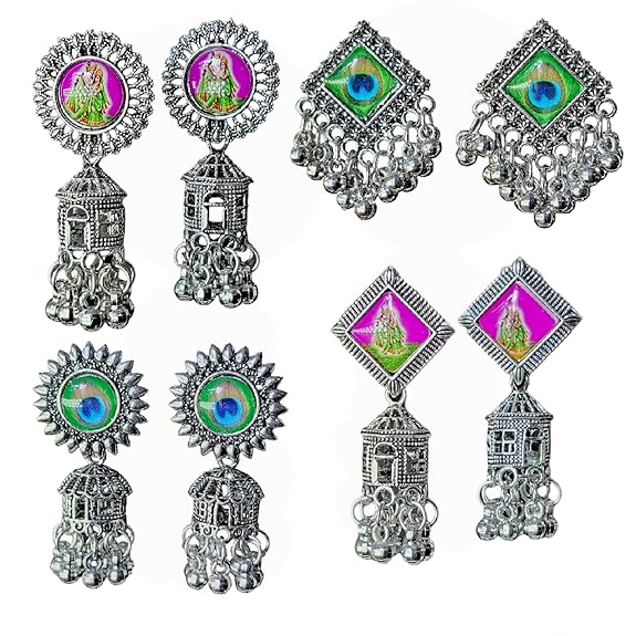 Fashion Latest Traditional Oxidized Silver and Antique Golden Base Metal Dangle and Drop (COMBOs of 4) Jhumki Earrings for Women & Girls