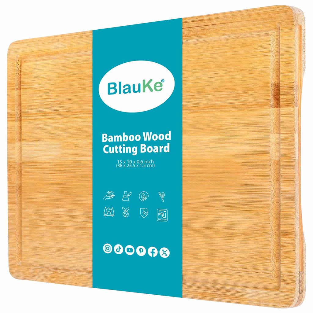 Wood Cutting Board for Kitchen – 38x25cm Large Bamboo Cutting Board with Juice Groove and Handles – Wooden Chopping Board, Tray – BlauKe®