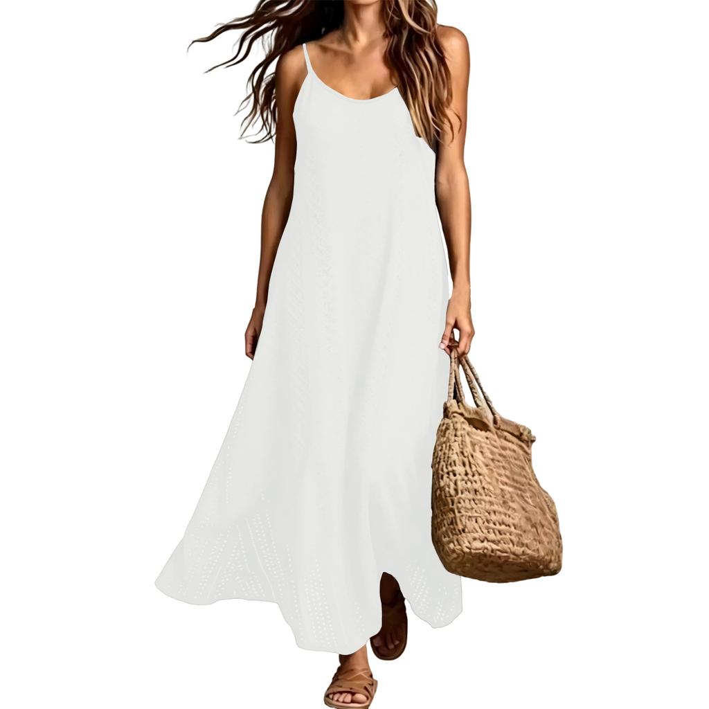 Damen Bohemian Urlaubs-Einfarbig Ärmellos V-Ausschnitt Maxikleid Leicht Lässig Lockerer Schnitt Sommer-Sonnenkleid