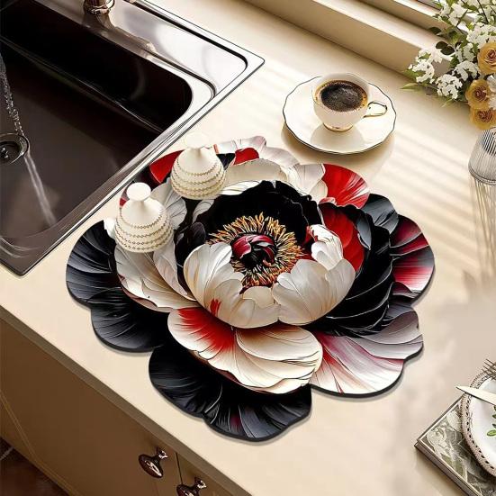 Yousheng 3D Dish Drying Mat Absorbent Kitchen Drying Mat Floral Reusable Washable Dish Drying Pad Non-slip Dish Rack Mats for Kitchen Counter
