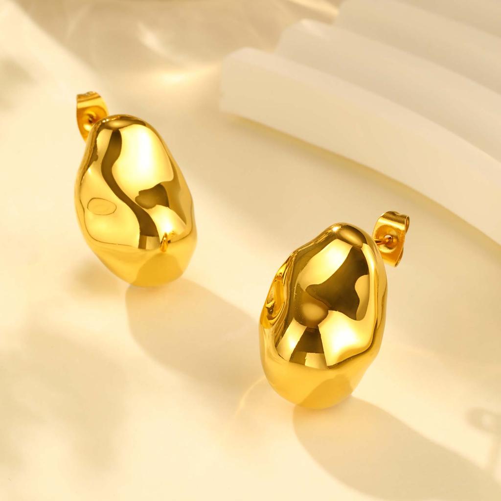 Vintage Oval Irregular Stainless Steel Stud Earrings for Women, Exaggerated Personality Design Gold Plated Earrings Jewelry