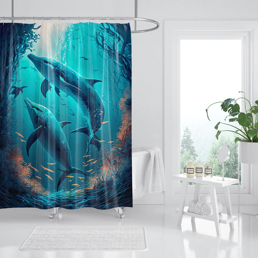 Funny Cat Shower Curtain, Dinosaur Cat Dog Animal Shark Funny Ocean Coral Goldfish Bathtub Bubbles Kids Cartoon Bathroom Decor