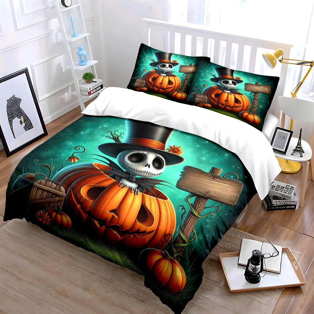 Halloween Skeleton in Pumpkin Bedding Duvet Cover Set Duvet Cover Pillowcases (1*Duvet Cover 2*Pillowcases, without duvet insert)