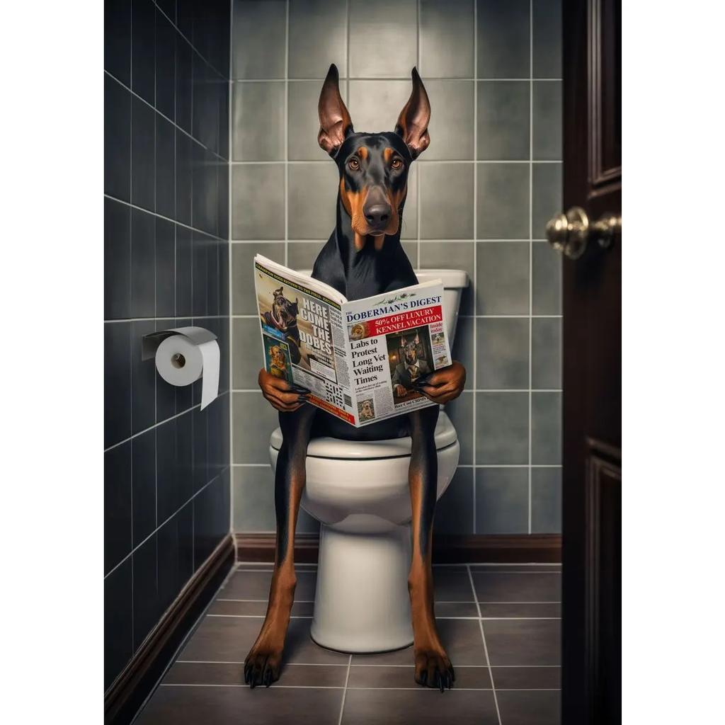 Dog Monkey Highland Cow Sitting on The Toilet Reading Newspaper Poster Animal Print Canvas Painting Funny Bathroom Wall Decor