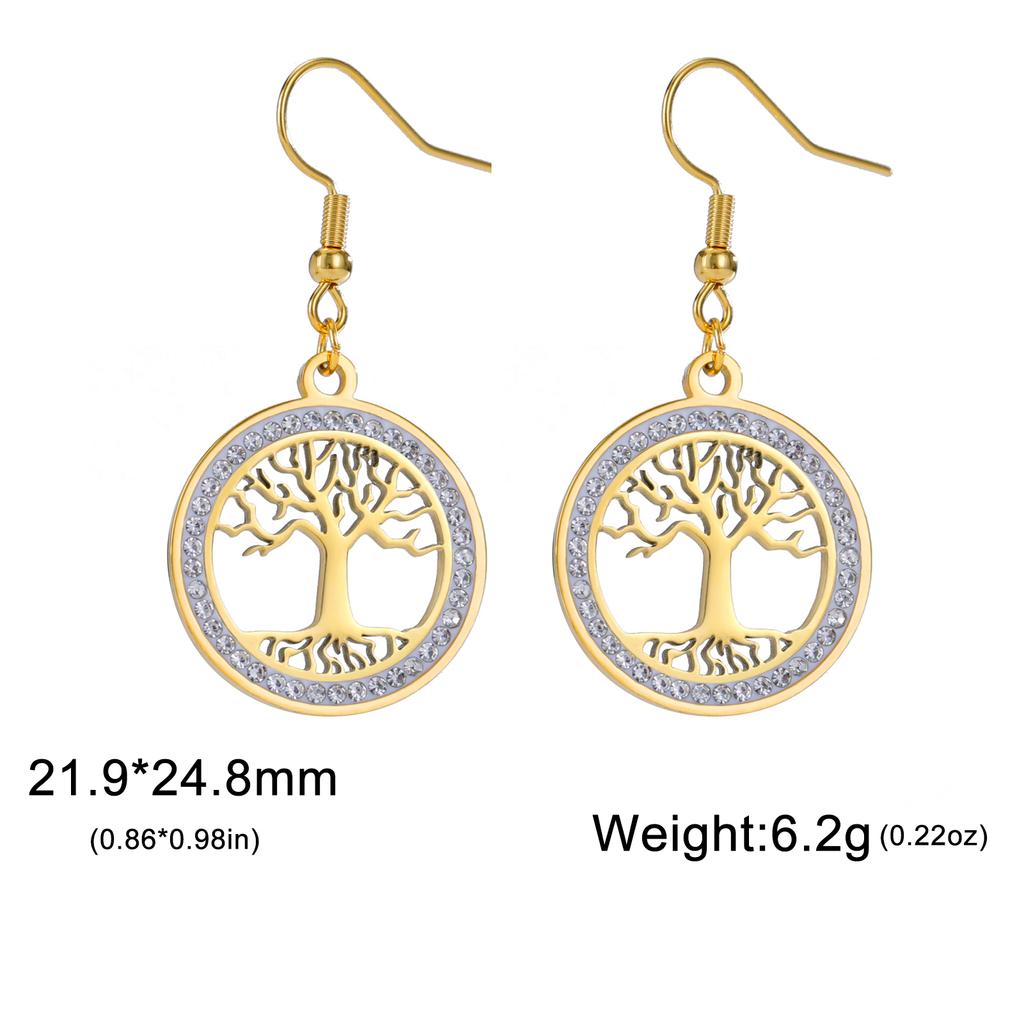 Tree of Life Women's Earrings Stainless Steel Gold Clear Zircon Round Pendant Dangle Earring Amulet Jewelry Gift