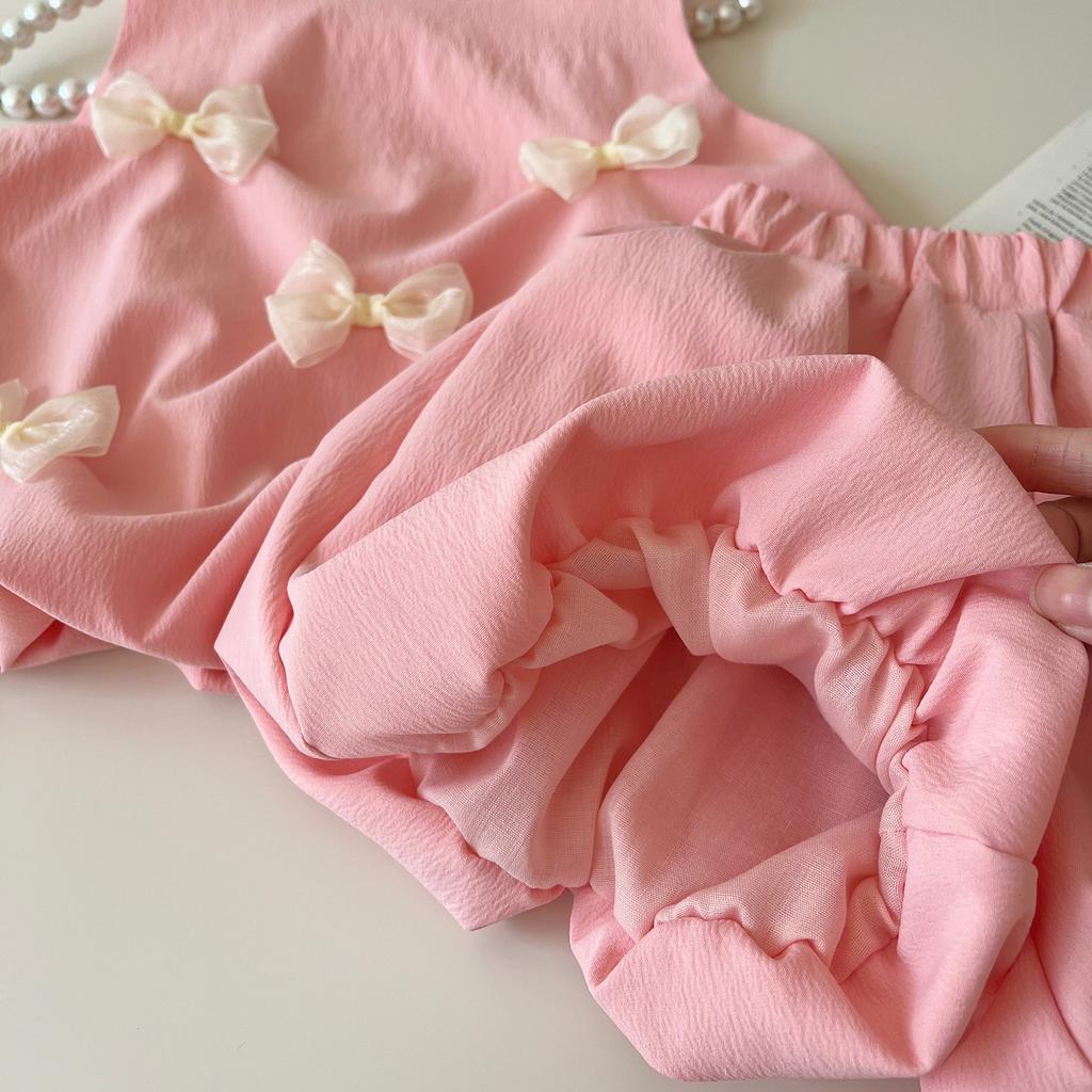 Children's Set Summer Korean Girls' Bow Sleeveless Vest+shorts Casual Dress