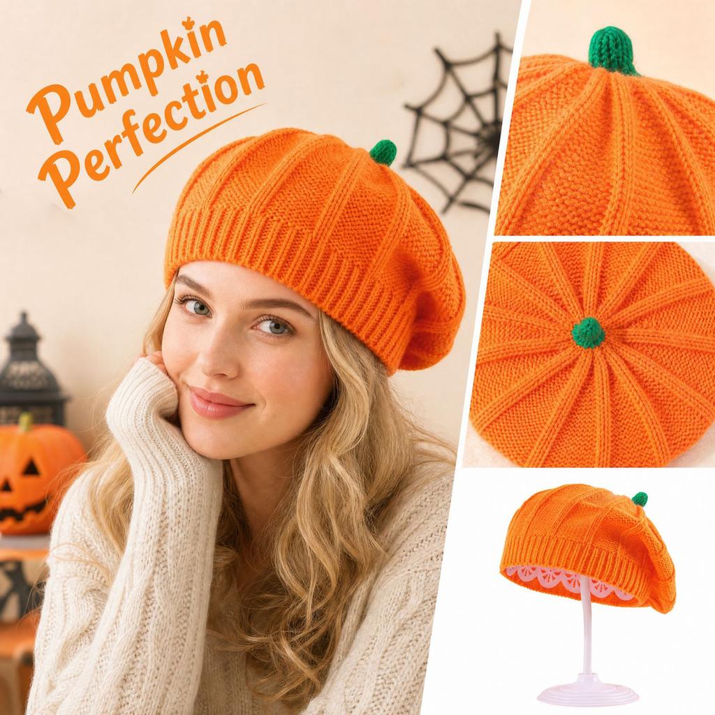 Warm Pumpkin Orange Knitted Beret Hat for Adults Halloween Costume Accessory