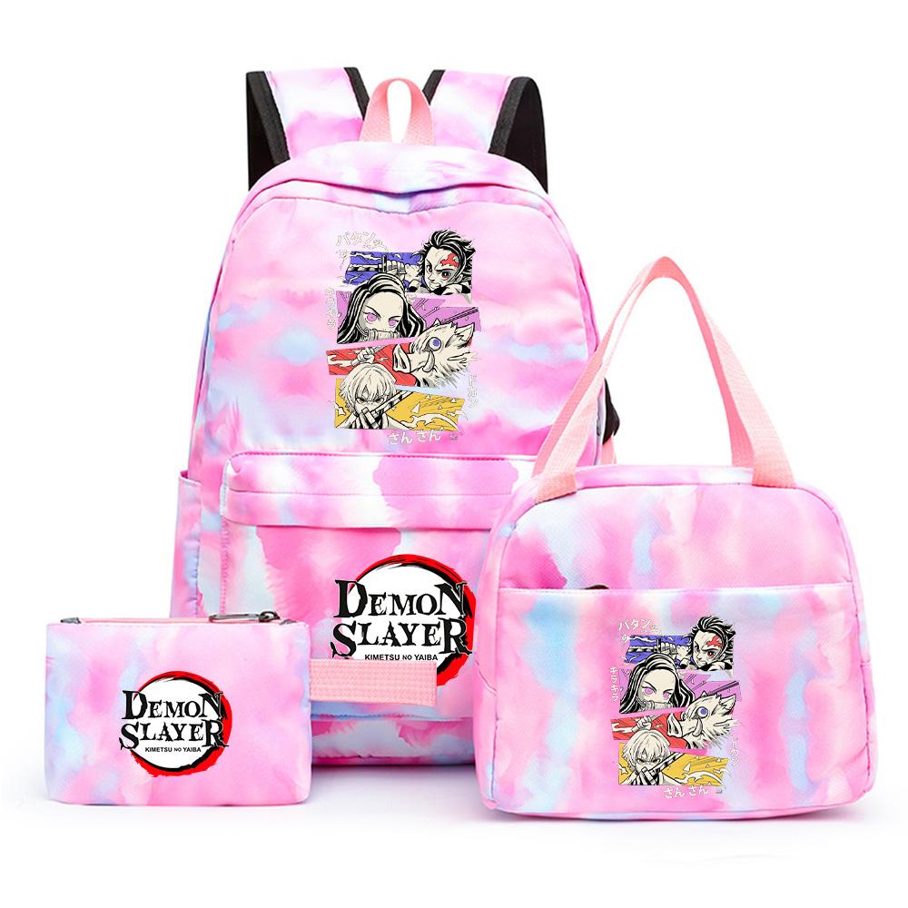 3 st/set Anime Demon Slayer Tryckt Ryggsäck med Matlåda Pennfodral för Tonåring Tillbaka till Skolan Stor Kapacitet Vattentät Skolväska Flickpojke Gåva