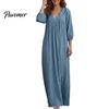 Breathable Women Dresses Bohemian Ruffle V-Neck Long Dress, 3/4 Sleeves Maxi Dress for V Neckline Women, Solid Color Casual Loose Spring Fall