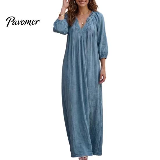 Breathable Women Dresses Bohemian Ruffle V-Neck Long Dress, 3/4 Sleeves Maxi Dress for V Neckline Women, Solid Color Casual Loose Spring Fall