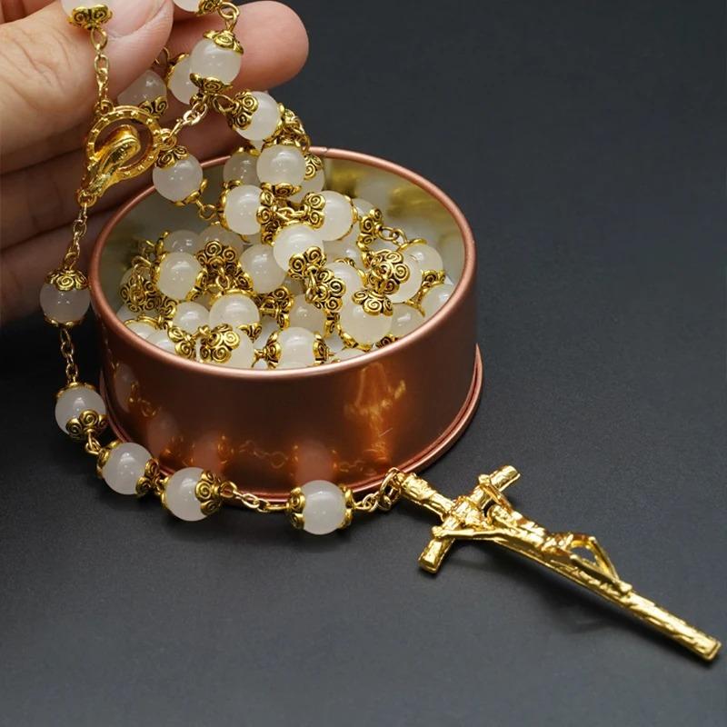 Natural White Jade Marrow Rose Rosary Beads Bracelet Cross Pendant Catholic Jewelry Commemorative Day Festival Exquisite Gift