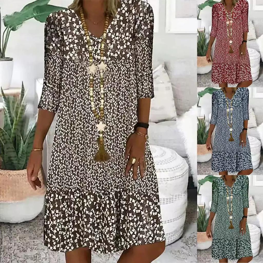Damen Sommer Midi Kleid V-Ausschnitt Halbarm Knielange Kleider Lässig Blumendruck Boho Kleid