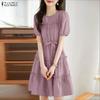 ZANZEA Women Casual Round Neck Summer Short Sleeve Dress