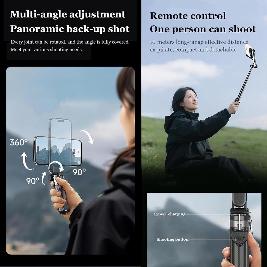 Magnetic Pocket Selfie Stick, 4-in-1 for iPhone with Rechargeable Remote, Portable Extendable Tripod for Travel & Vlogging