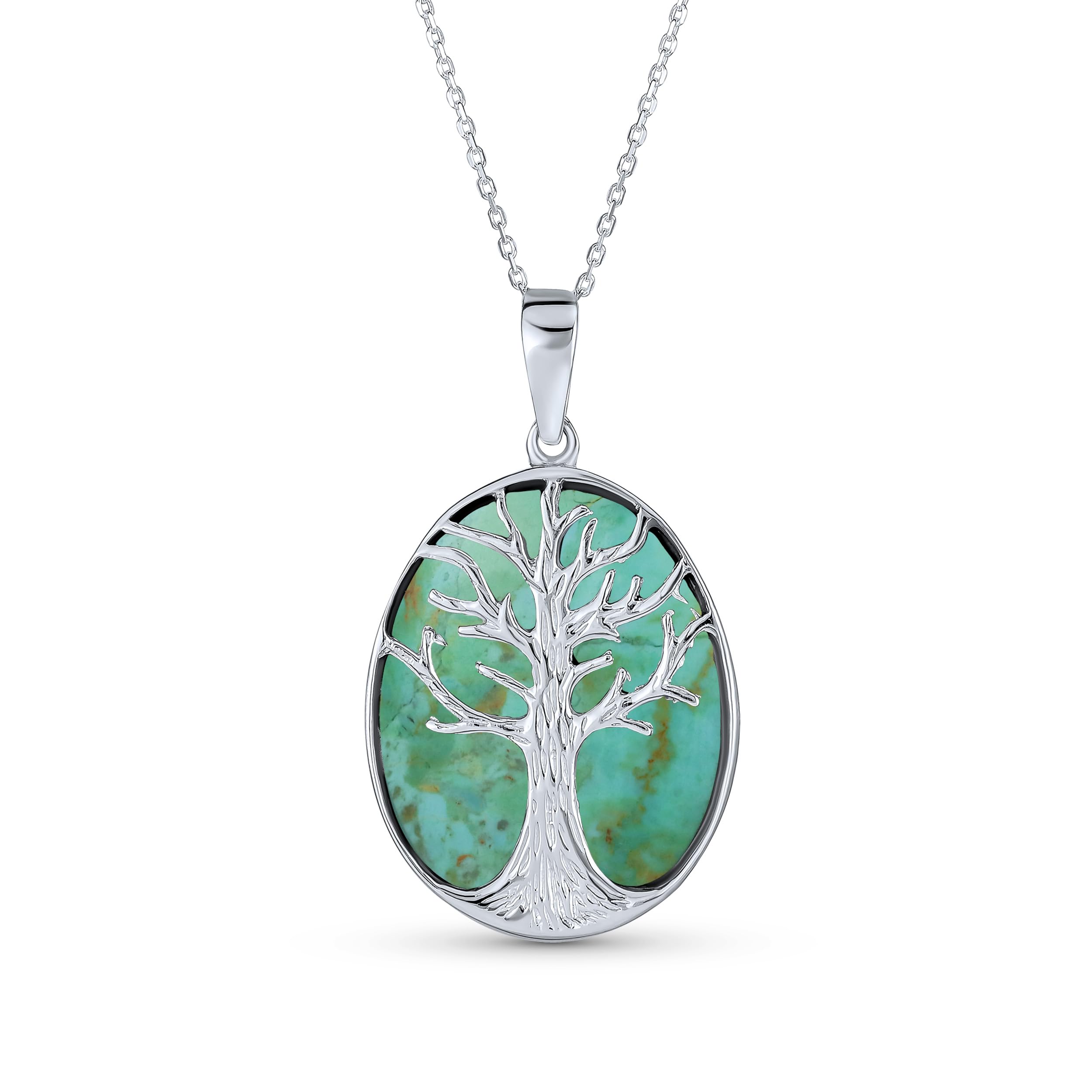 

Blue Turquoise Large Oval Wishing Tree Family Tree of Life Pendant Necklace Western Jewelry for Women Sterling Silver [Bling Jewelry] .925