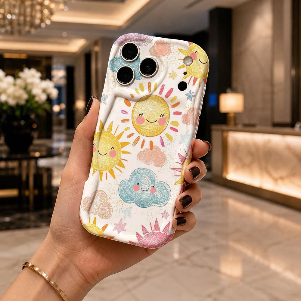 Hand-drawn Smiley Sun Cloud Frame Wavy Edge Phone Case For iPhone 16 15 14 Pro Max 13 12 11 Mini XR XS SE 2020 17 Air Cover Soft TPU