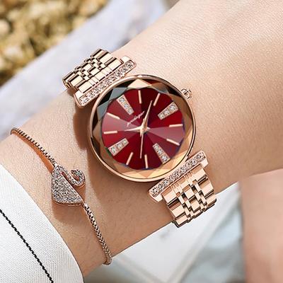 Rose Gold Women's Watch Fashion Luxury Stainless Steel Bracelet Watch Quartz Banquet Accessories Red Dial Large Diamond Ladies Clock