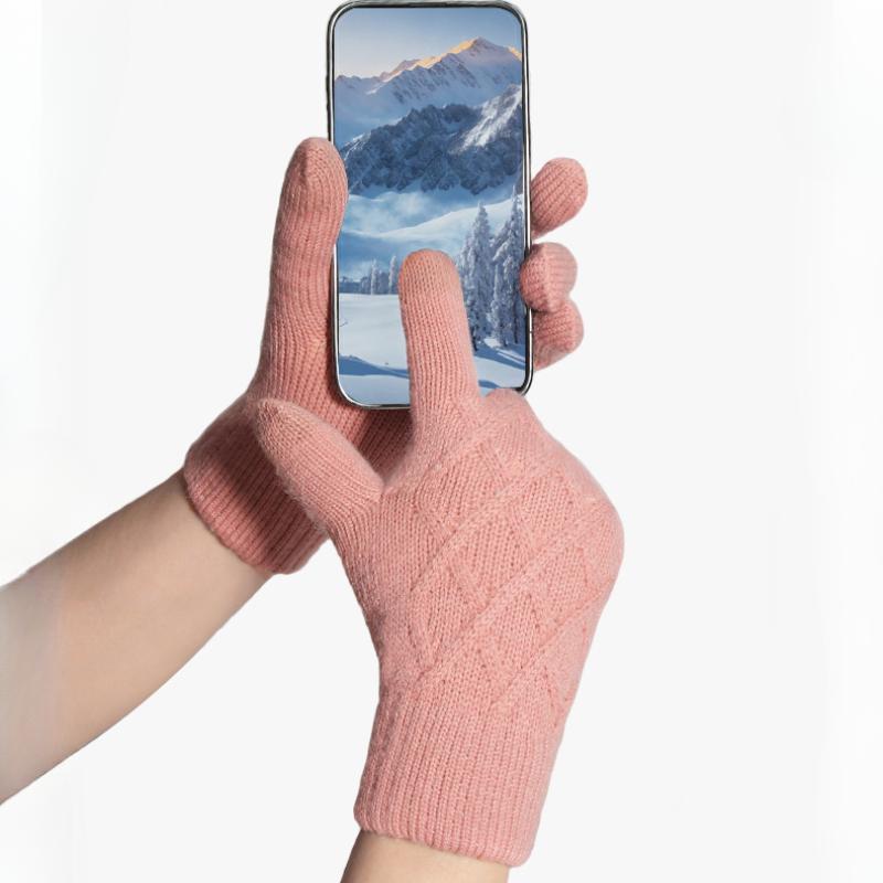 Women Autumn Winter Knit Gloves Double Layer Fleece Lined Thick Warm Minimalist Jacquard Touchscreen Gloves
