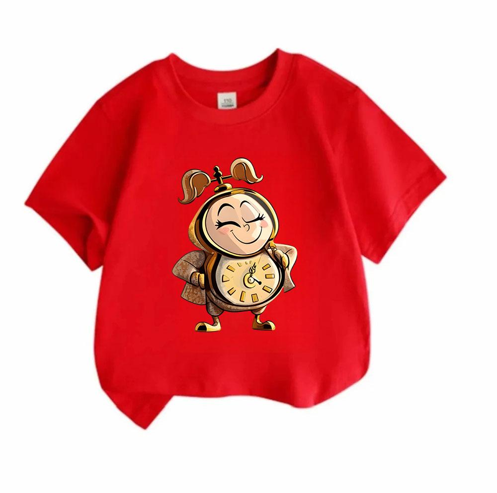 Kids Boys Girls 100% Cotton Crew Neck Short Sleeve T-Shirt, Cute Cartoon Clock Girl Printed Casual Soft Tee for Daily Wear