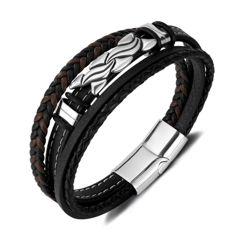 

European American Leather Bracelet Men s Stainless Steel Geometric Style Personalized Hip-hop Trend Multi-layer Woven