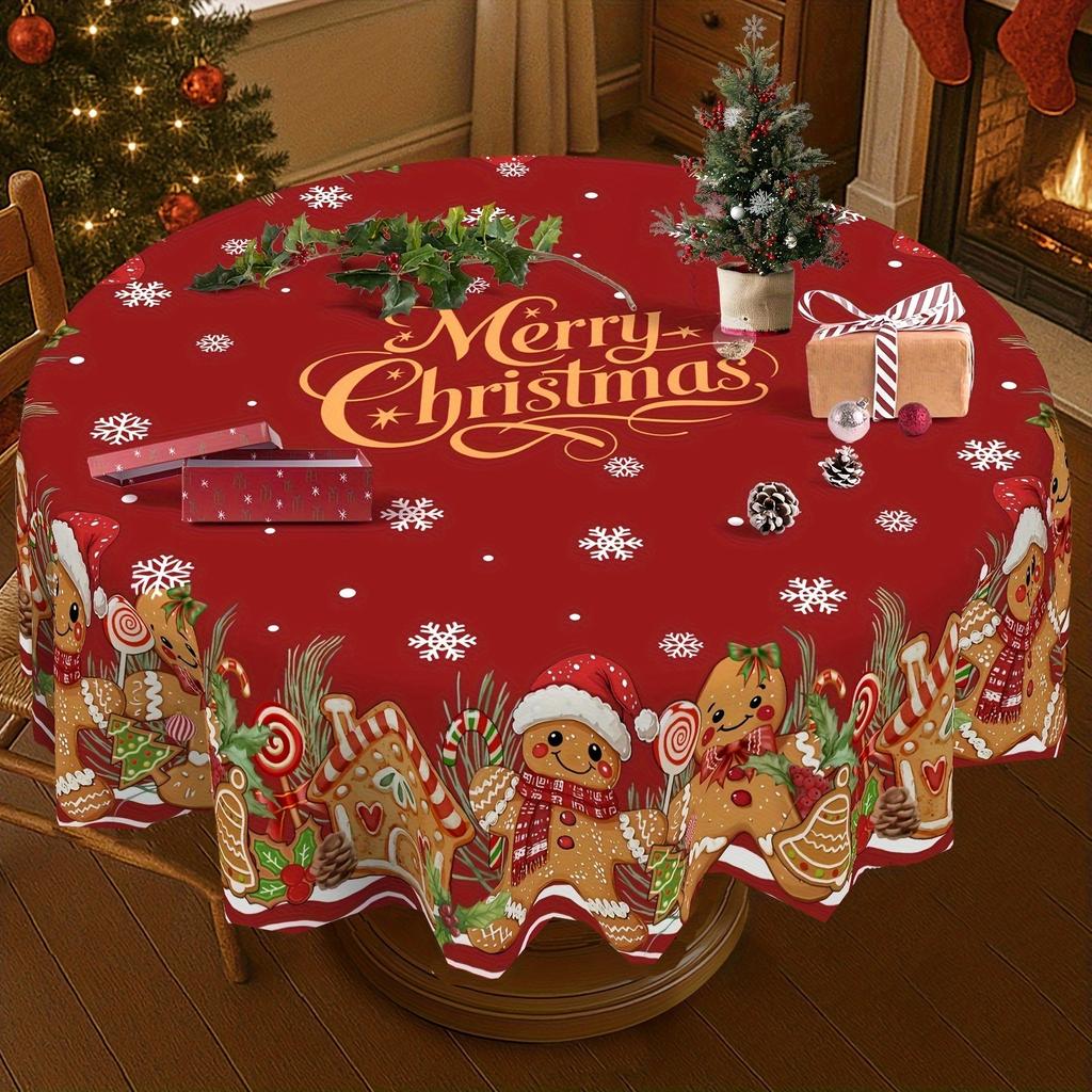 Tablecloth 1PC Gingerbread Men Holiday Christmas Tablecloth, Featuring Snowflakes and Bows Design - Red Polyester Fiberzyc