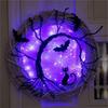 A84X-Halloween Wreaths For Front Door, 11.8Inch Lighted UP Bat And Cat Halloween Wreath With Purple LED Lights Durable