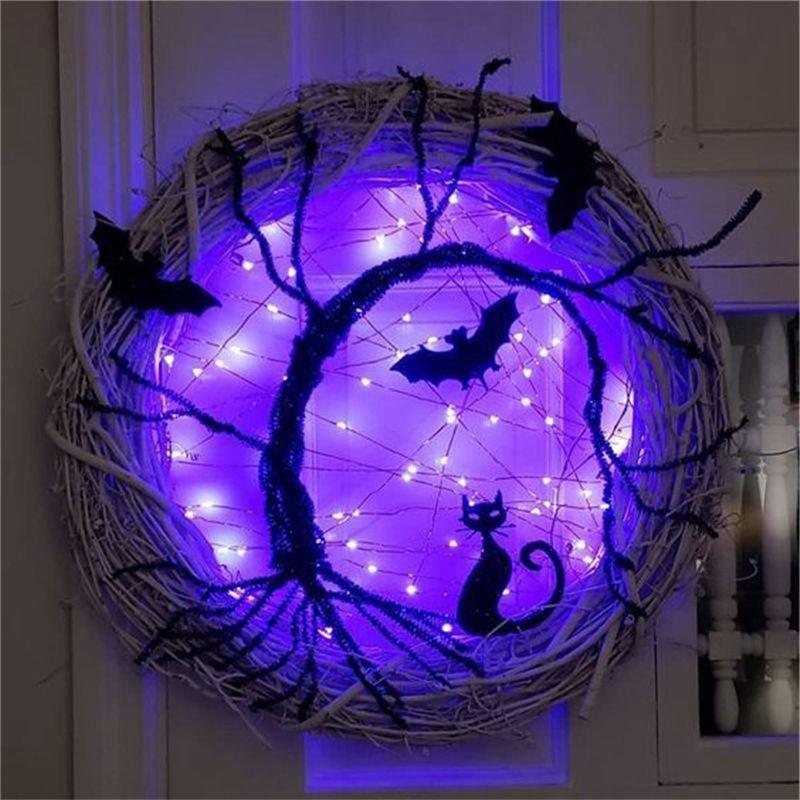 A84X-Halloween Wreaths For Front Door, 11.8Inch Lighted UP Bat And Cat Halloween Wreath With Purple LED Lights Durable