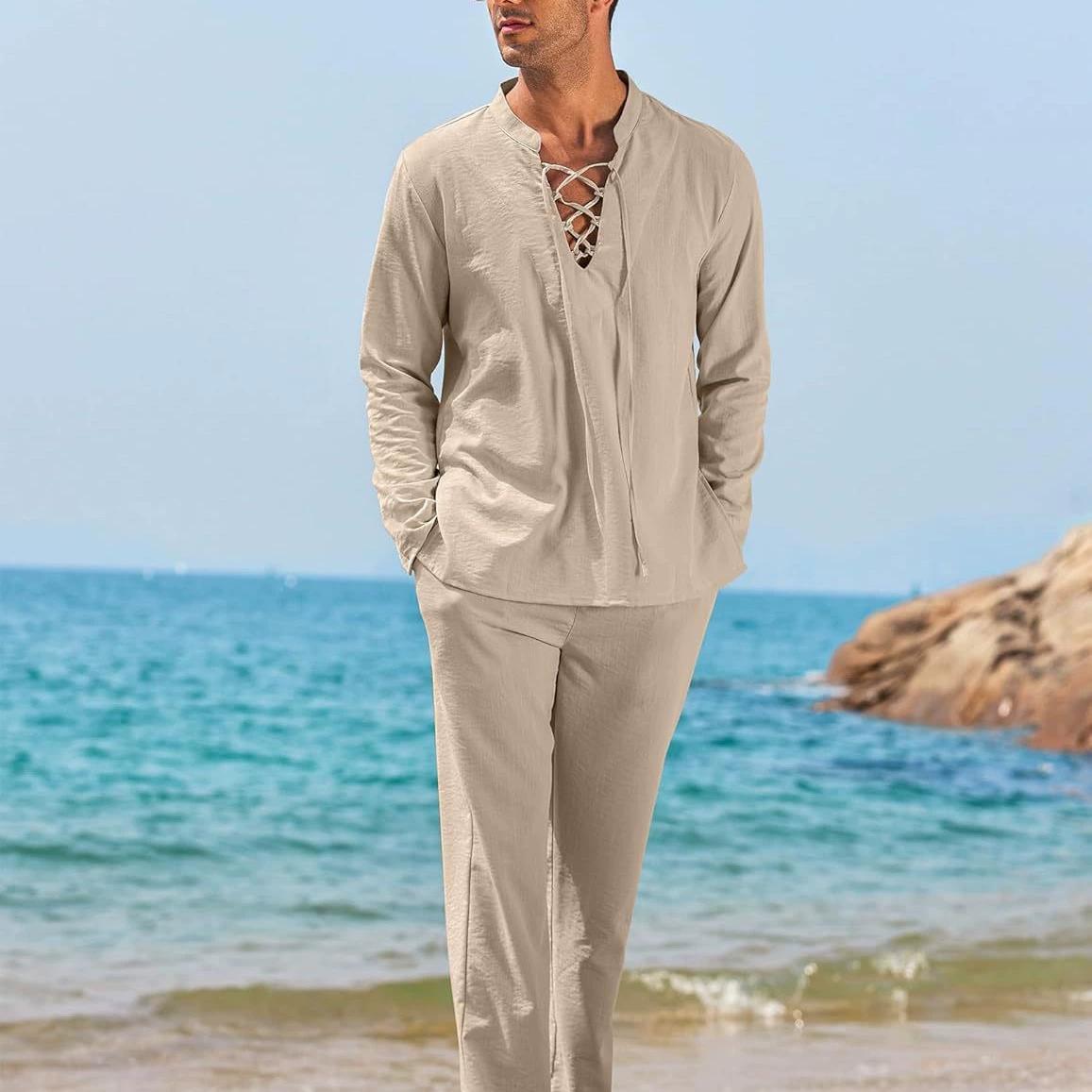 

2pcs Set Male s Linen Shirt and Pants Suits for Male Beach Wear Tracksuit Solid Color Shirts Sweatpants Hawaiian Vacation XXXL
