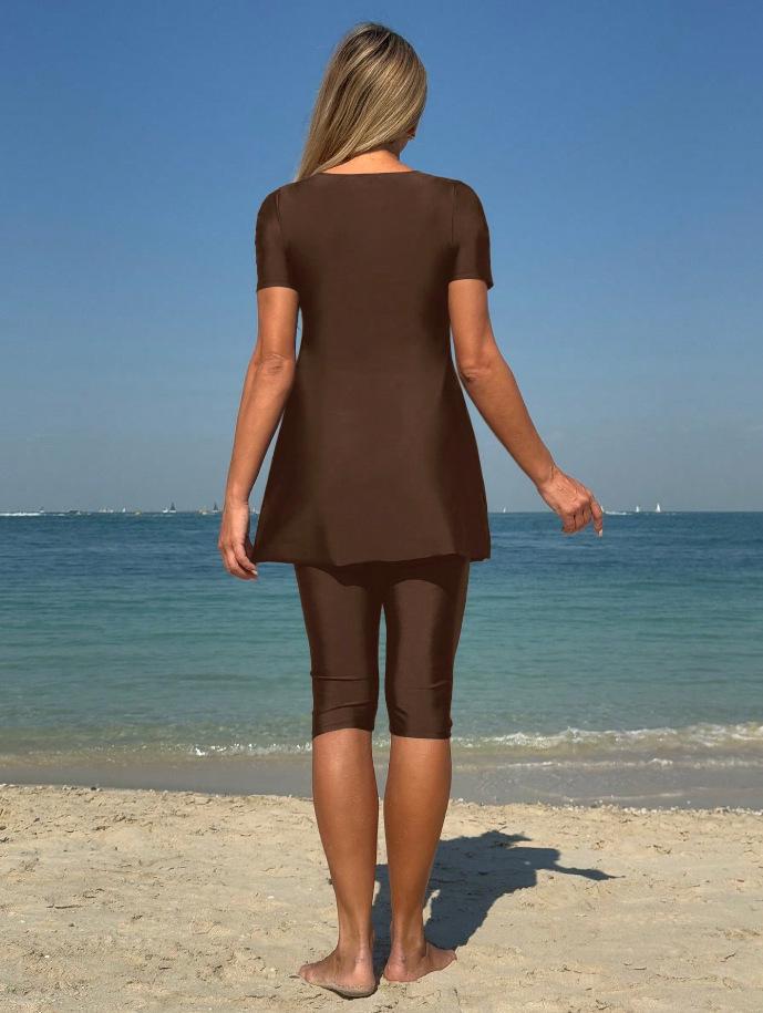 2026 Women's Short Sleeve Knee-Length Split Tankini Swimsuit