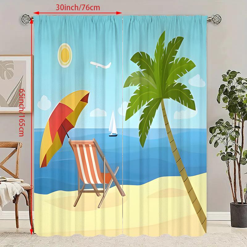 2 szt. - Zasłona z nadrukiem krajobrazu Błękitnego Oceanu - Materiał poliestrowy - odpowiednia do sypialni, salonu, gabinetu, przestrzeni prywatnej