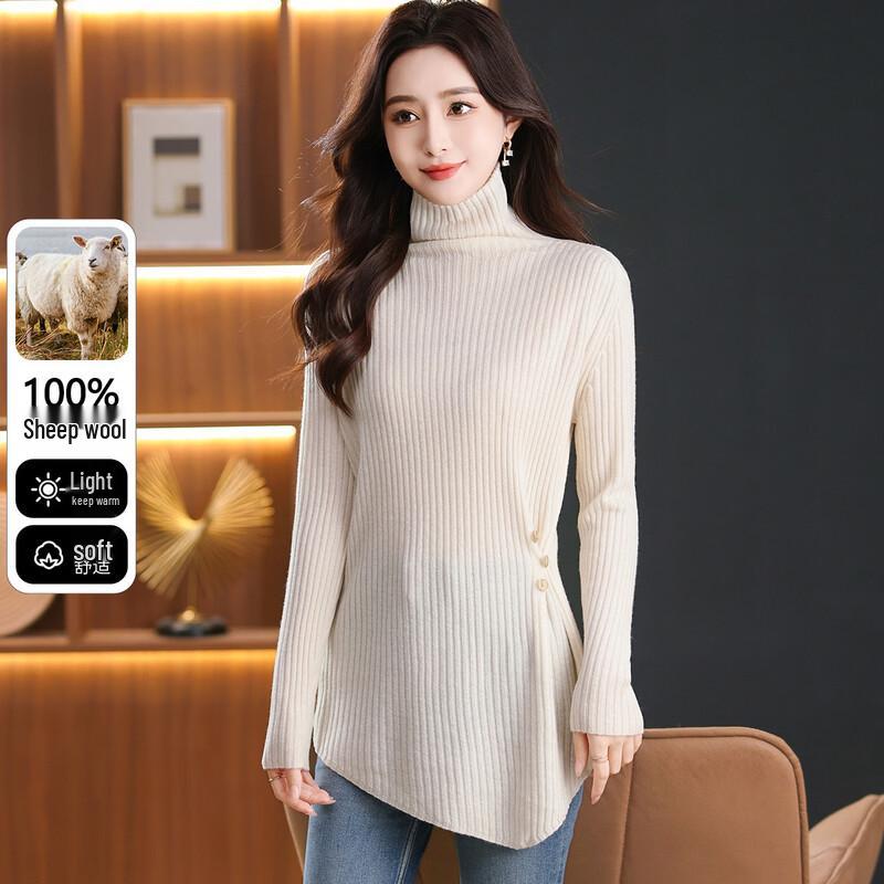 SNOWFLYING Women s 100% Lambswool Asymmetric High-Neck Sweater One Size