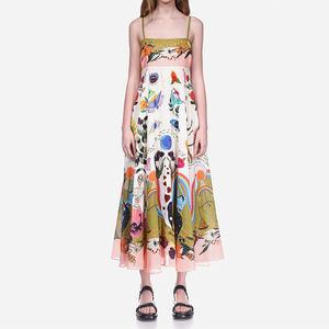 European and American women's clothing, new spring models, graffiti-printed holiday style high-waisted suspender dress