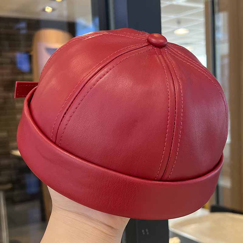 Spring and Summer Vintage Leather Landlord Hat with Adjustable Hip Hop and Brimless Melon Skin Hat Suitable for Men and Women