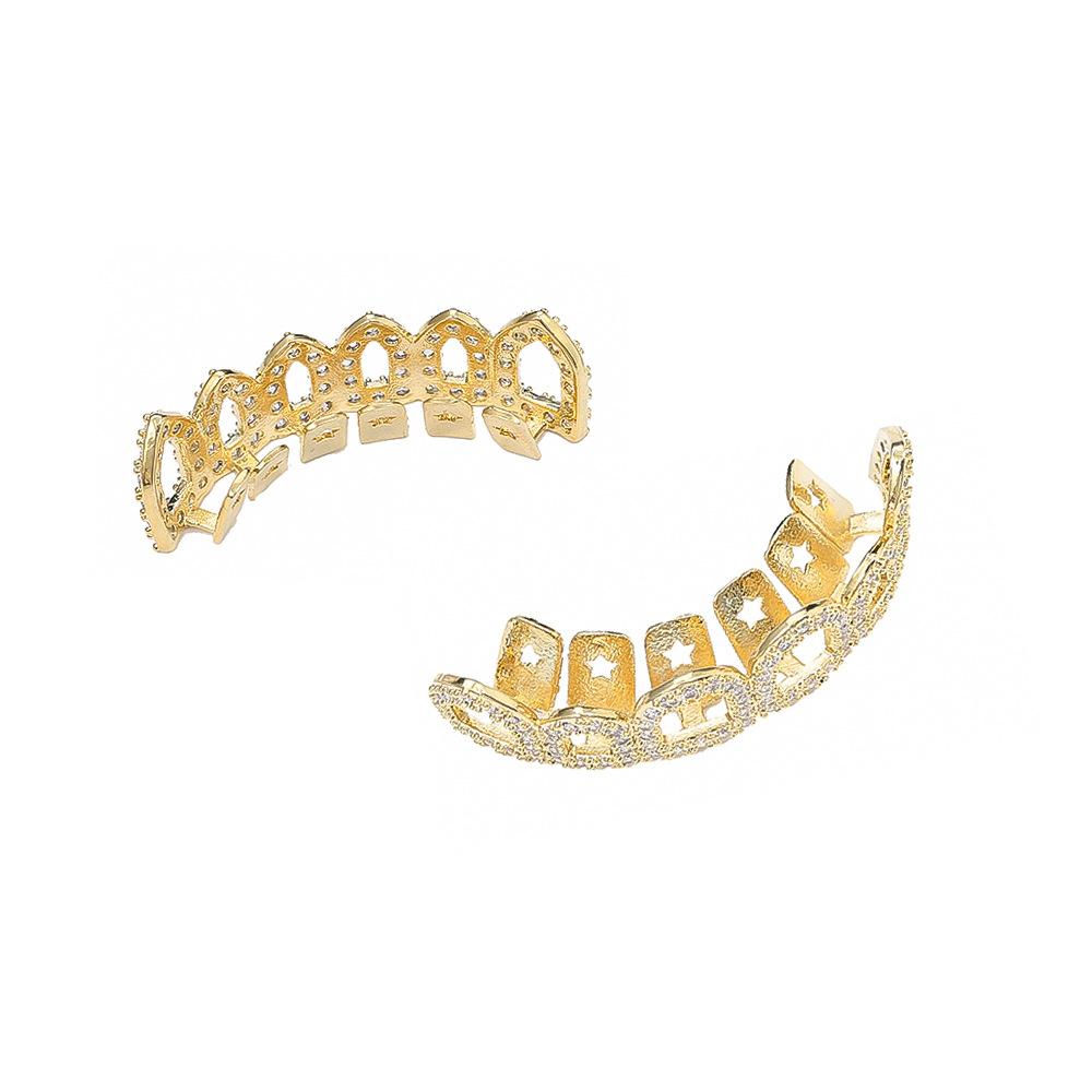 Halloween Jewelry Gold Silver Metal Color Plating Brass and Bling Zircon Hollow Out Six Piece Teeth Hip Hop Grillz