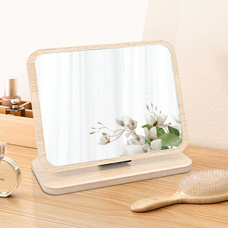 Wooden Foldable Tabletop Makeup Mirror with High-Definition Surface for Dorm or Home Use.