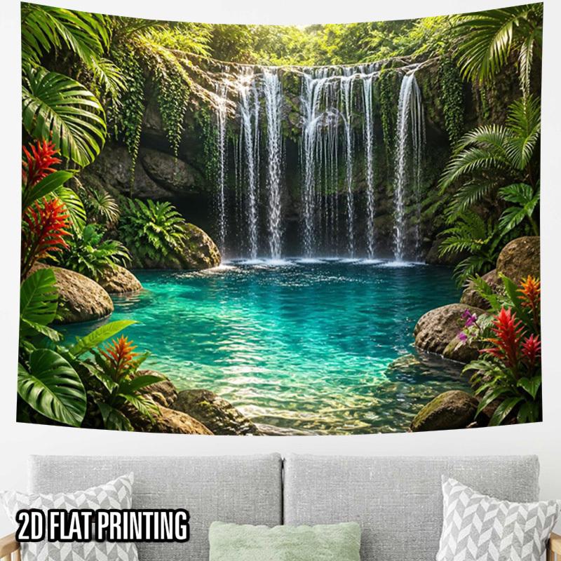 2D Flat - 2D Flat - 2D Flat Print 1pc Tapestry Tropical Waterfall Tapestry Lush Jungle Scenery Decor Tapestry for Apartment Living Room Bedroom Decor,