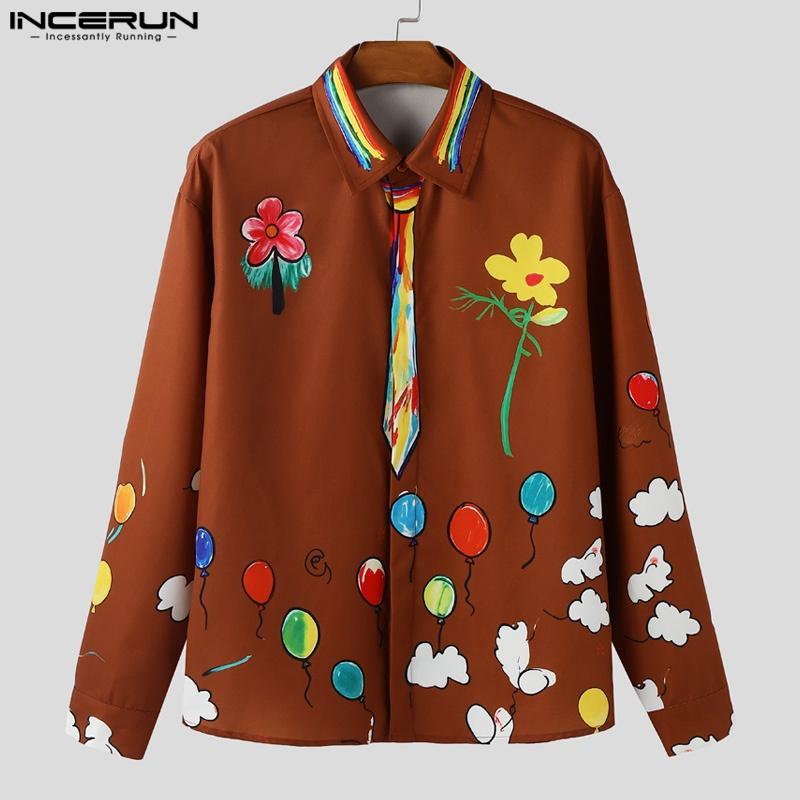 Oversized Neck Men Incerun Lapel Buttons Up Floral Print Casual Long Sleeve Shirts