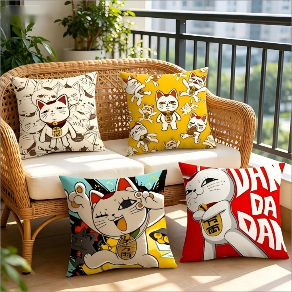 Anime Lucky Cat Print Pillow Cover Cute Cartoon Cat Cushion Case For Sofa Bedroom Living Room Home Decor
