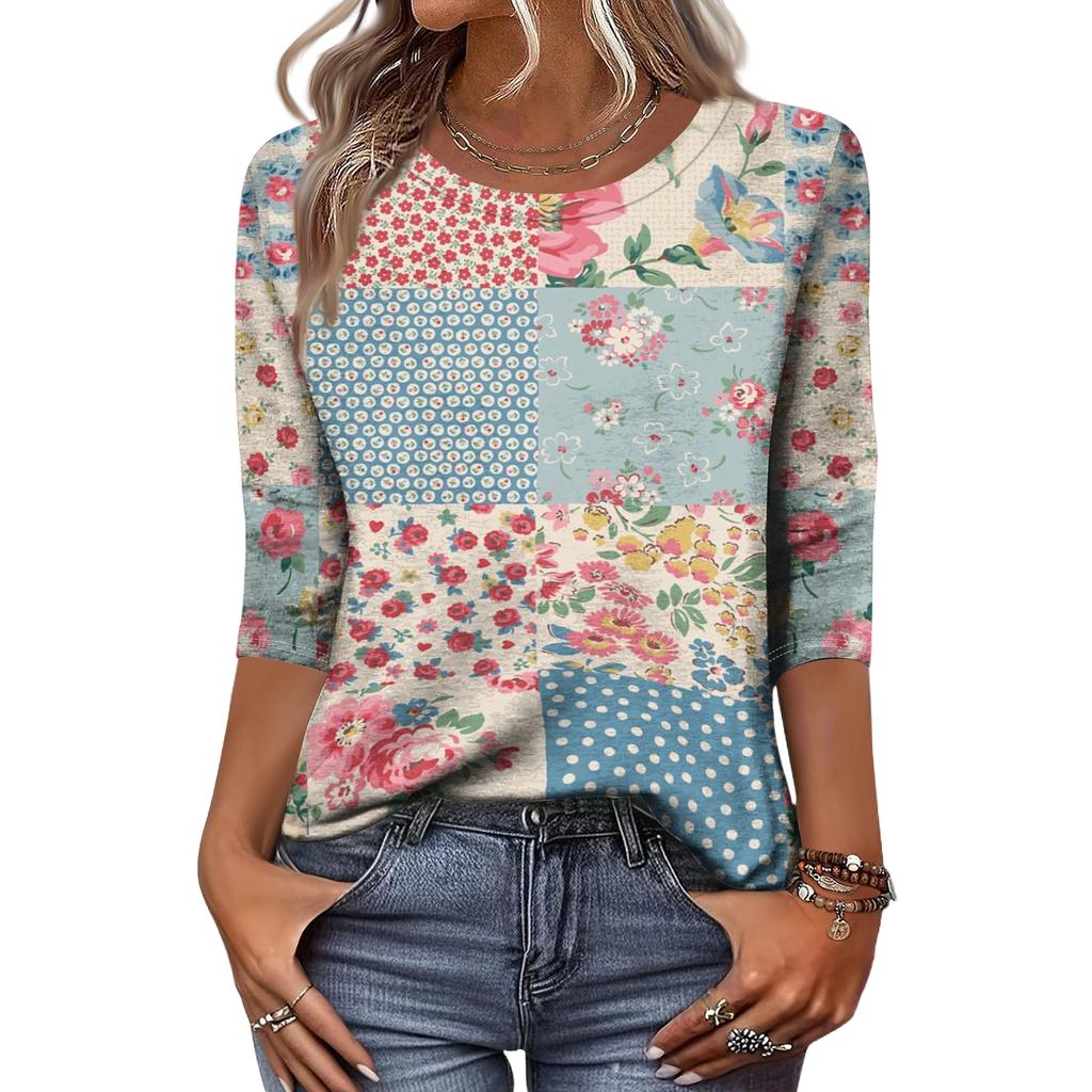 Women's Fashion Casual Round Neck 3/4 Sleeve Loose Printed T-Shirt Ladies Top
