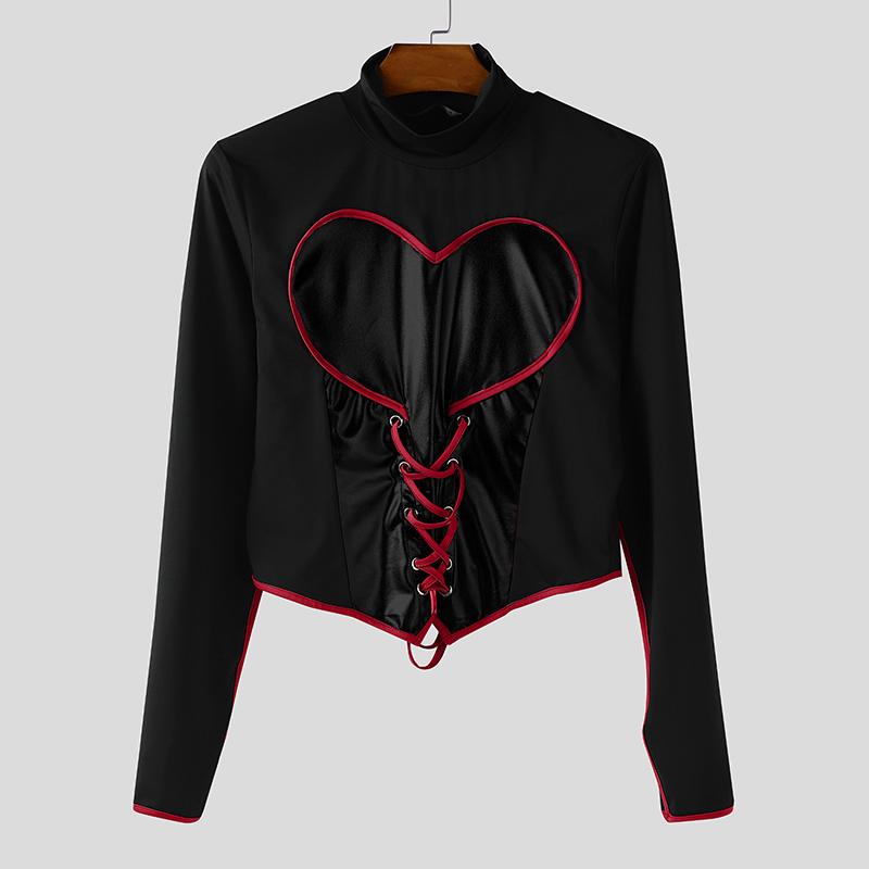 INCERUN Camisetas Crop Casuales de Manga Larga con Cuello Alto, Vendaje y Patchwork de PU para Hombre