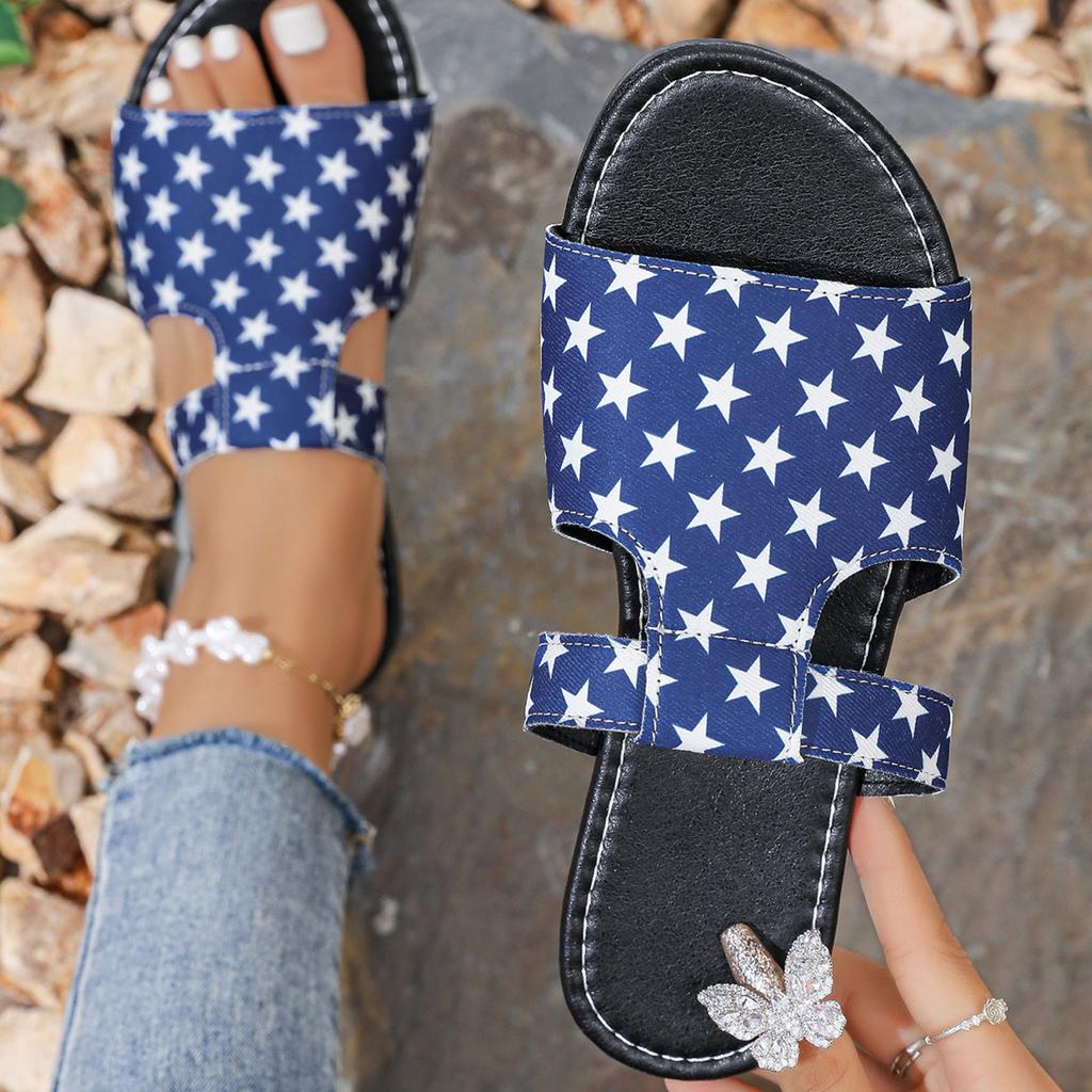 Women Slip On Sandals Star Pattern Open Toe Flat Slide Sandals Casual Comfortable Footwear for Daily Wear