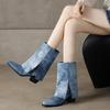 Cowboy Western Boots Women's Denim Mid Calf Boots Turndown Split Chunky Heels Shoes Slip on 2024 Autumn Winter Footwear