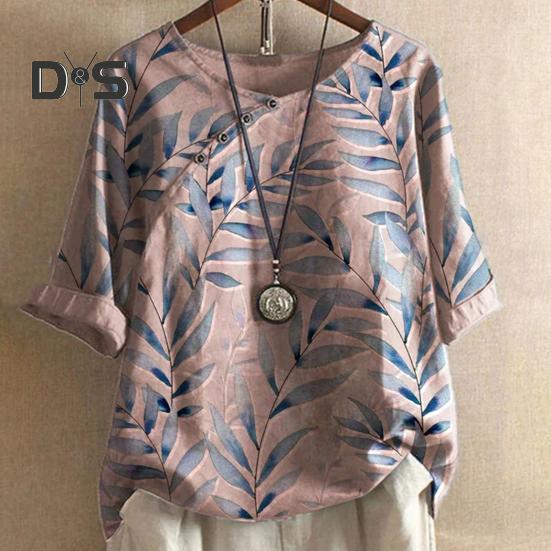 Dámské letní tričko s kulatým výstřihem, krátkým rukávem, volného střihu, pulovrové topy, retro potisk listů, knoflíková dekorace, tenké tričko