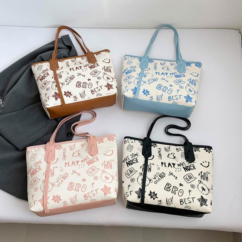 Contrasting color big bag women's autumn and winter new cute cartoon printed shoulder bag versatile trendy tote bag