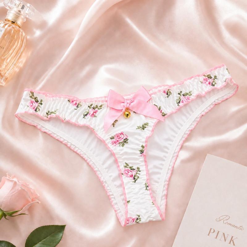 Female Summer Sexy Cute Small Broken Flower Pearl Bow Low Waist Thong Underwear